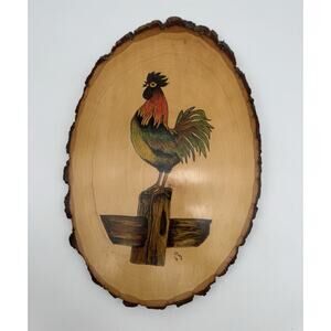 Vtg Tree Bark Rooster Plaque folk art Wood Slice Signed Country Kitchen kitsch